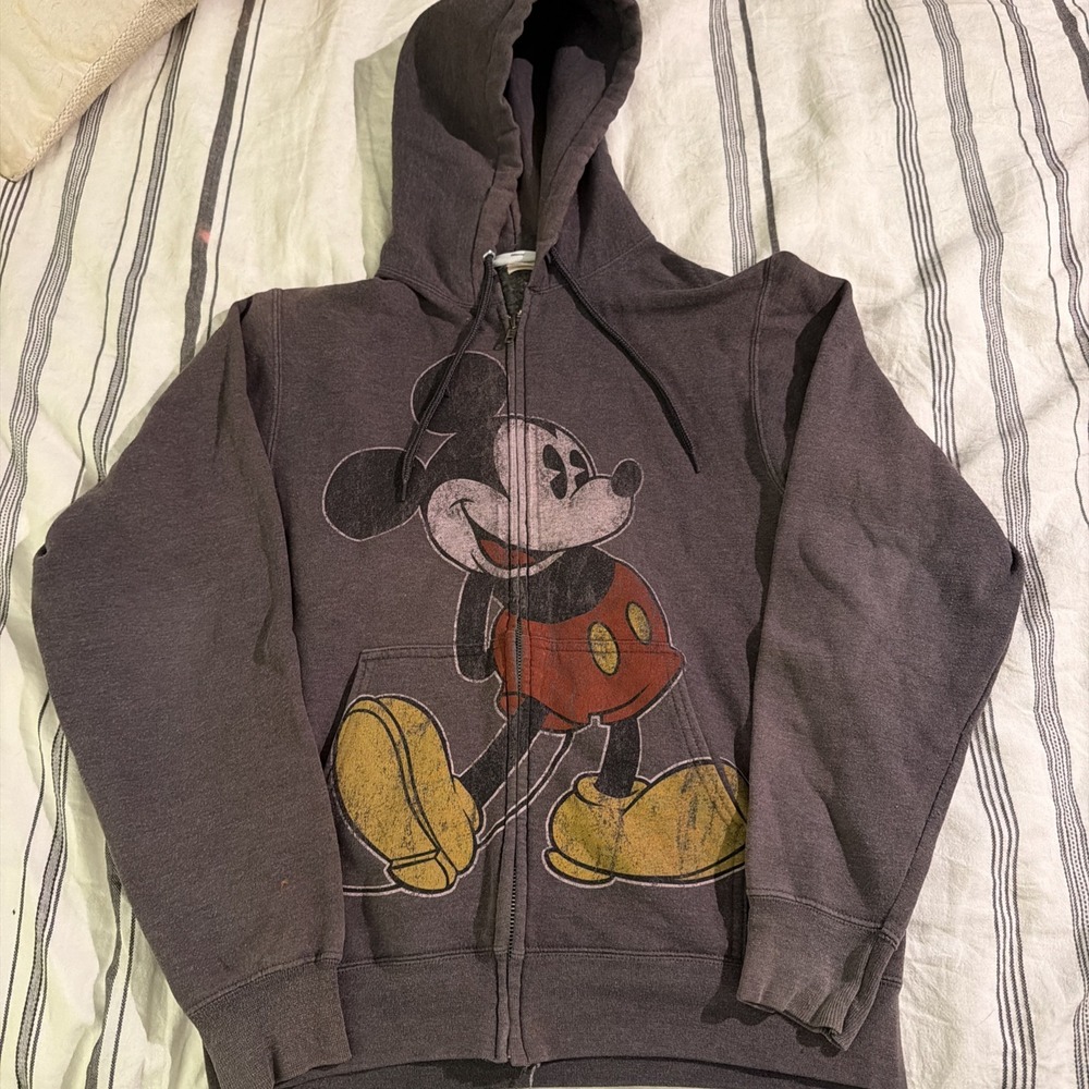Disney Parks Mickey Mouse Hoodie Mens Small Distressed Gray Full Zip Nano Hanes